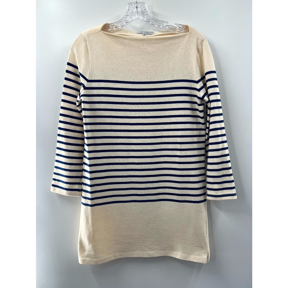 Milly Women's Blue Cream Striped Cotton Boat Neck Long Sleeve Tunic Top Size P
